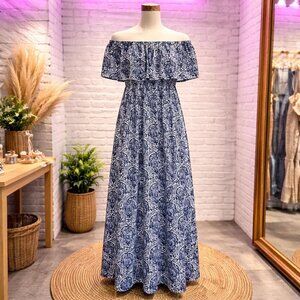 "Off Shoulder Blue White Paisley Maxi Dress Ruffled Neck Size M Boho"